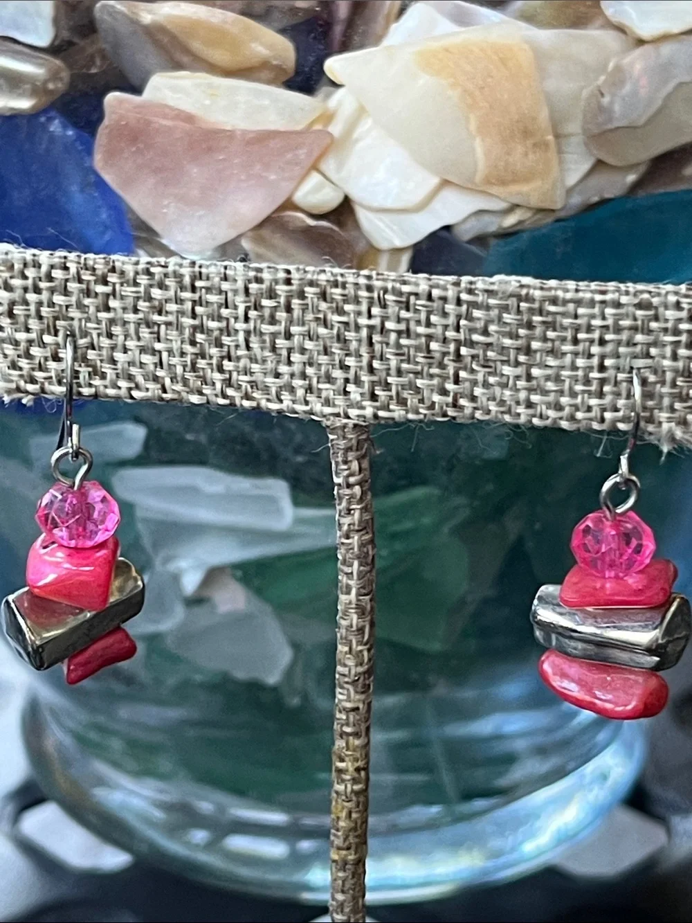 Pink Shell & Silver Bead Dangle Earrings
